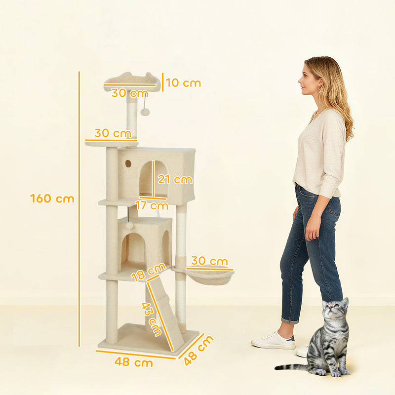 Tall Cat Tree With Sisal Scratching Posts and Hammock for Indoor Cats Beige Cream White