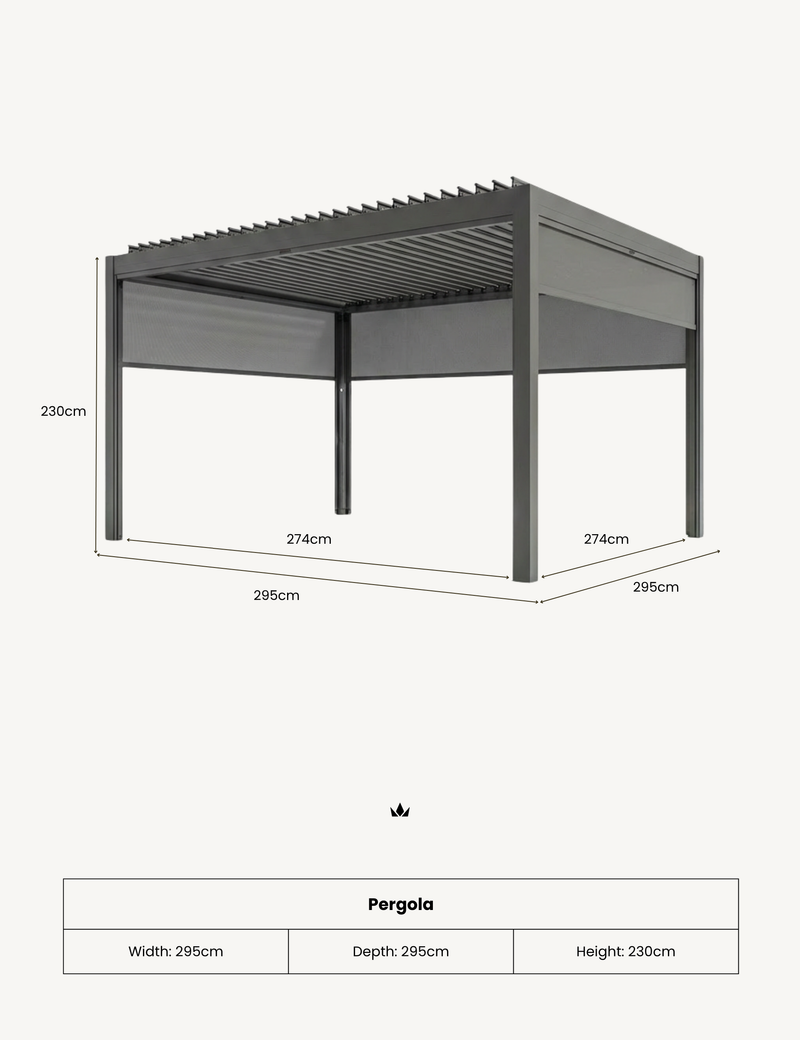 Luxe 3x3m pergola dimensions: 295cm wide, 295cm deep, 230cm tall