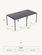 Luxe 6x3m pergola dimensions: 590cm wide, 295cm deep, 230cm tall