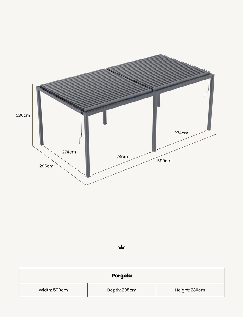 Luxe 6x3m pergola dimensions: 590cm wide, 295cm deep, 230cm tall