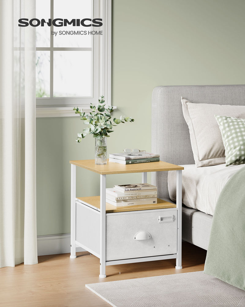 Oak Beige and Cloud White Nightstand with Drawer and 2 Shelves for Bedroom by Songmics