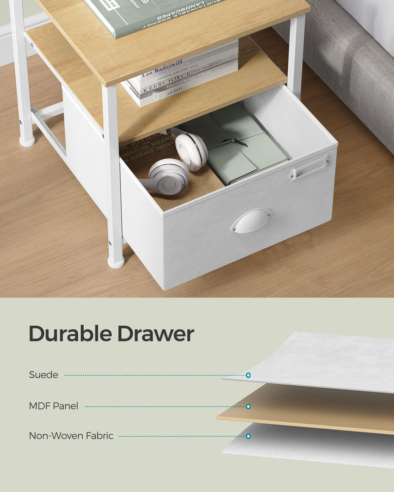 Oak Beige and Cloud White Nightstand with Drawer and 2 Shelves for Bedroom by Songmics