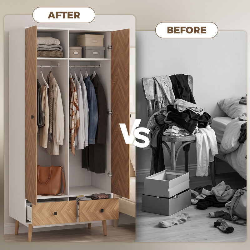 Wardrobe with Hanging Rail and Drawers for Organised Bedroom Storage White and Natural Wood