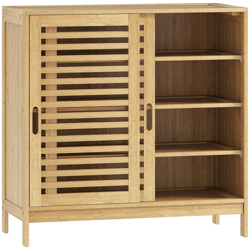 Hallway Shoe Cupboard with Sliding Louvered Doors, Recessed Handled, Adjustable Shelves, Natural