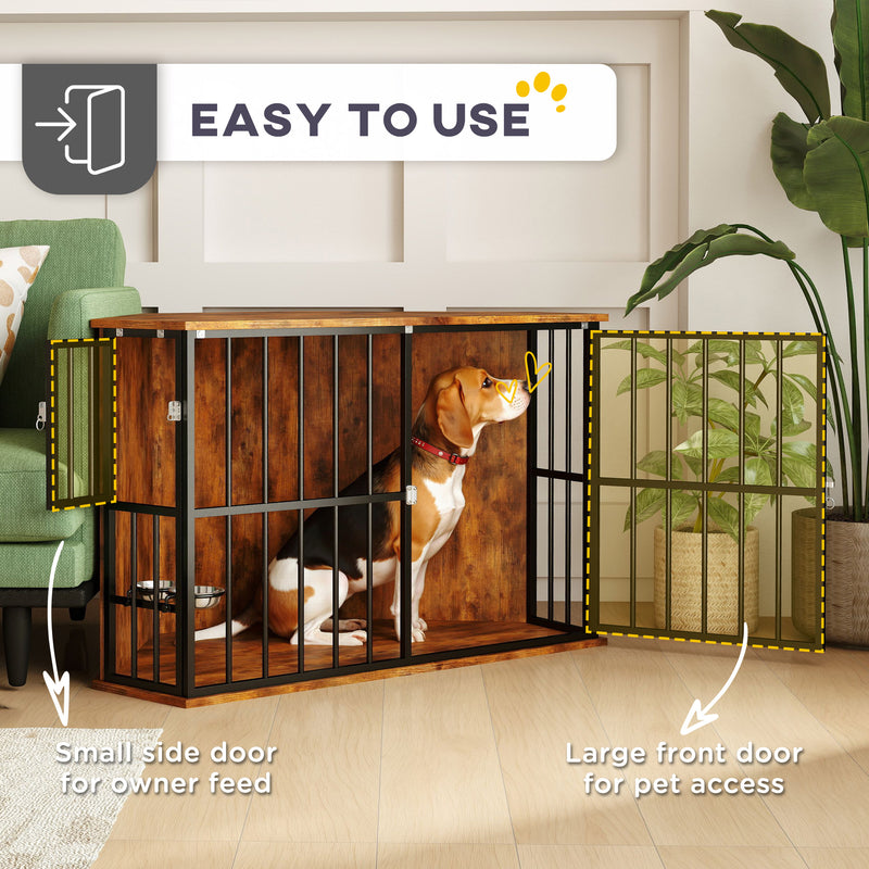Rustic Brown Corner Dog Crate Furniture with Bowls and Lockable Doors for Small Medium Dogs by PawHut