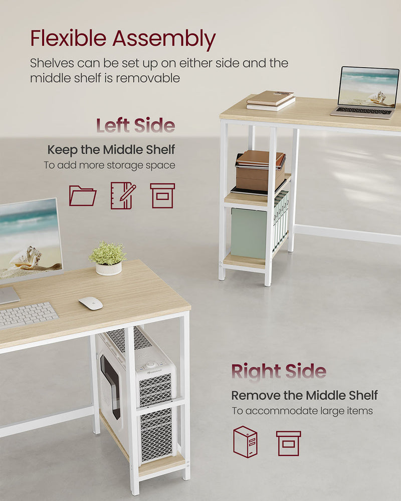 100 cm Computer Desk with Storage Shelves in Natural Beige and White by Vasagle