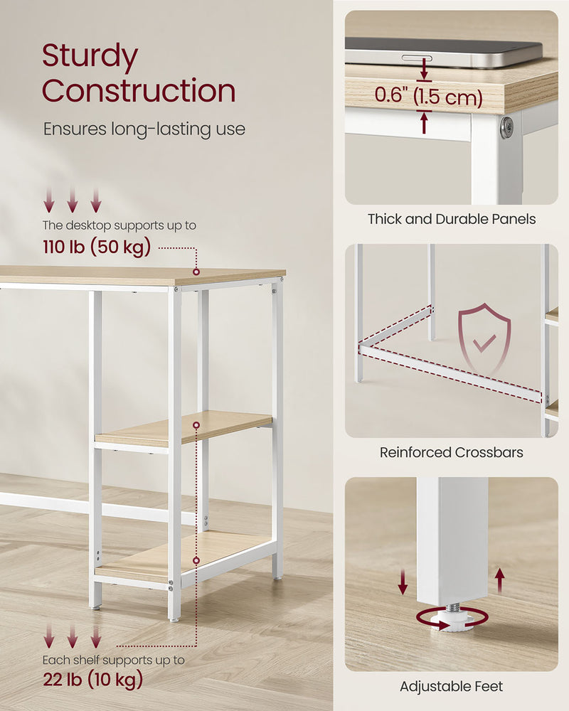 100 cm Computer Desk with Storage Shelves in Natural Beige and White by Vasagle