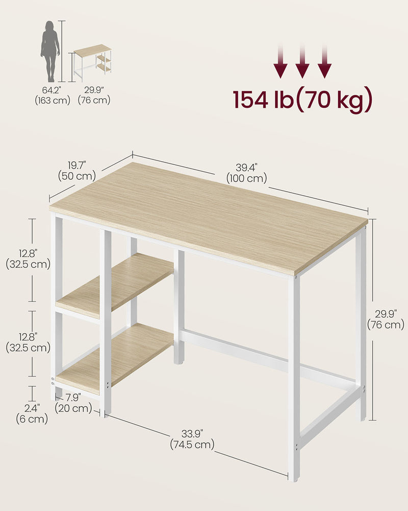 100 cm Computer Desk with Storage Shelves in Natural Beige and White by Vasagle