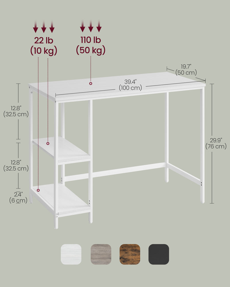 100cm White Computer Office Desk with 2 Storage Shelves for Home Office by Vasagle