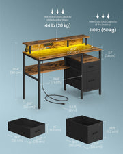 120 cm Wide Gaming Desk with LED Lights Rustic Brown VASAGLE