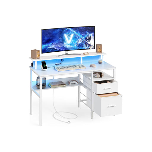 Maple White Computer Desk with Monitor Shelf LED Lights and Fabric Drawers by Vasagle