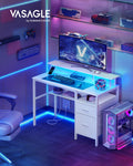 Maple White Computer Desk with Monitor Shelf LED Lights and Fabric Drawers by Vasagle