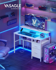 Maple White Computer Desk with Monitor Shelf LED Lights and Fabric Drawers by Vasagle