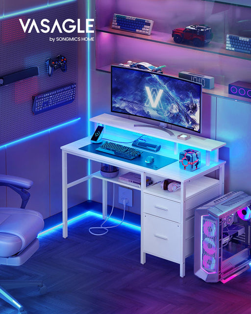Maple White Computer Desk with Monitor Shelf LED Lights and Fabric Drawers by Vasagle