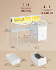 Maple White Computer Desk with Monitor Shelf LED Lights and Fabric Drawers by Vasagle
