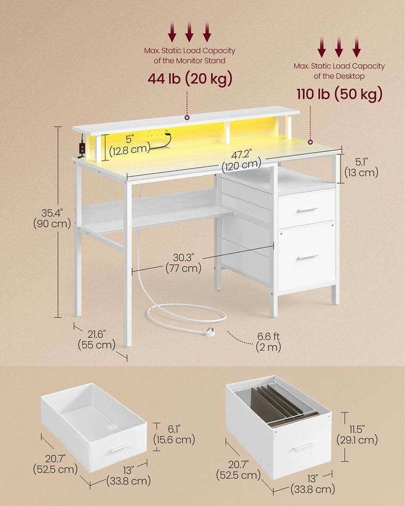 Maple White Computer Desk with Monitor Shelf LED Lights and Fabric Drawers by Vasagle