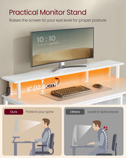 Maple White Computer Desk with Monitor Shelf LED Lights and Fabric Drawers by Vasagle