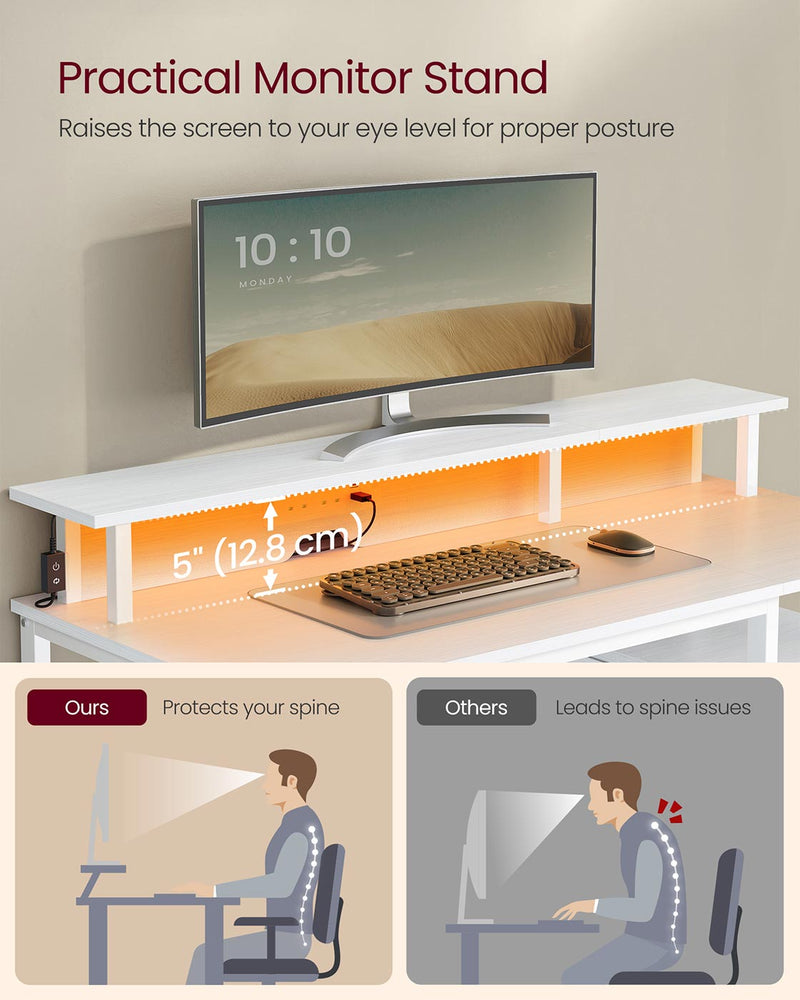 Maple White Computer Desk with Monitor Shelf LED Lights and Fabric Drawers by Vasagle