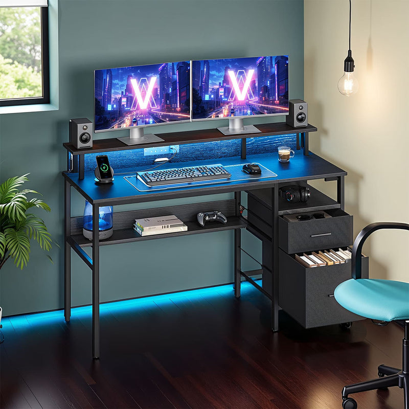 Computer Desk with LED Lights Power Outlets and Monitor Shelf for Home Office by Vasagle