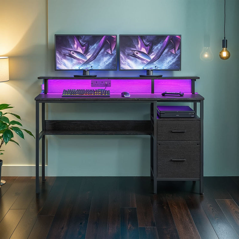 Computer Desk with LED Lights Power Outlets and Monitor Shelf for Home Office by Vasagle