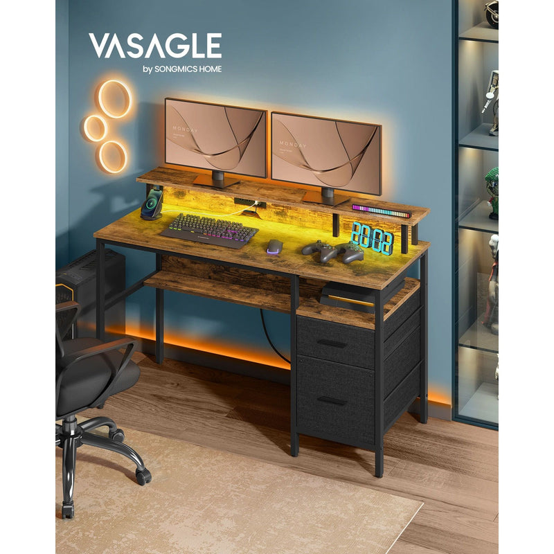 135 cm Wide Gaming Desk with LED Lights Rustic Brown Songmics