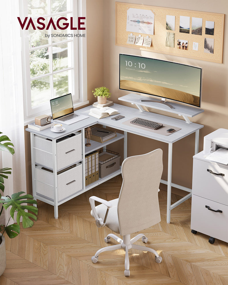 L Shaped Desk with Spacious Drawers in Maple White for Home Office by Vasagle