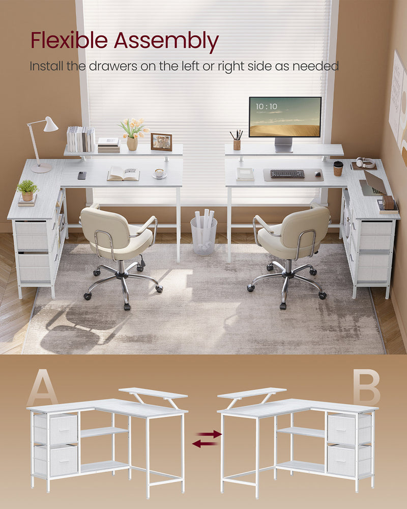 L Shaped Desk with Spacious Drawers in Maple White for Home Office by Vasagle