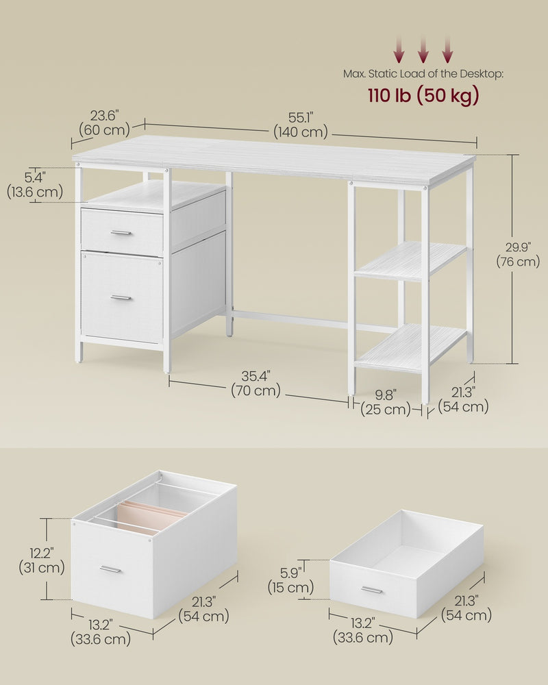 Maple White Computer Desk with 3 Shelves and 2 Drawers 140 cm by VASAGLE VASAGLE