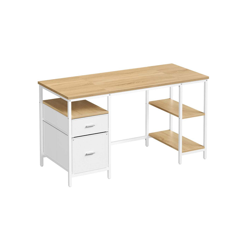 140x60cm Computer Desk with Open Shelves and 2 Drawers Natural Oak and Pearl White by Vasagle