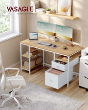 140x60cm Computer Desk with Open Shelves and 2 Drawers Natural Oak and Pearl White by Vasagle