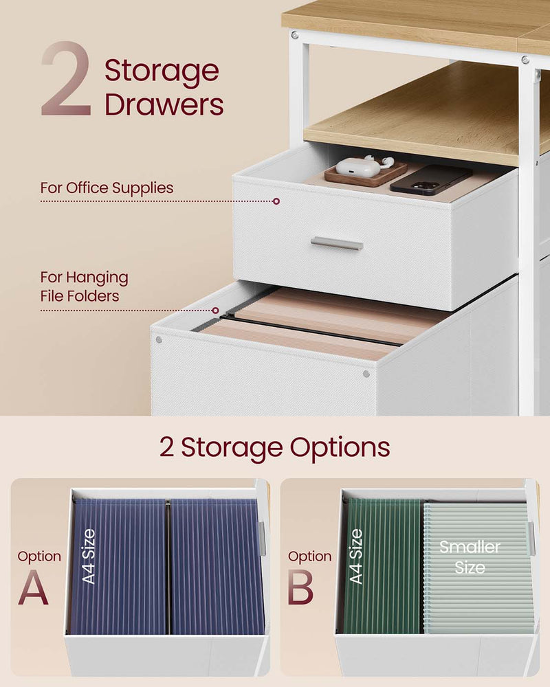 140x60cm Computer Desk with Open Shelves and 2 Drawers Natural Oak and Pearl White by Vasagle