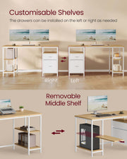 140x60cm Computer Desk with Open Shelves and 2 Drawers Natural Oak and Pearl White by Vasagle