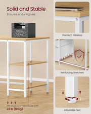140x60cm Computer Desk with Open Shelves and 2 Drawers Natural Oak and Pearl White by Vasagle