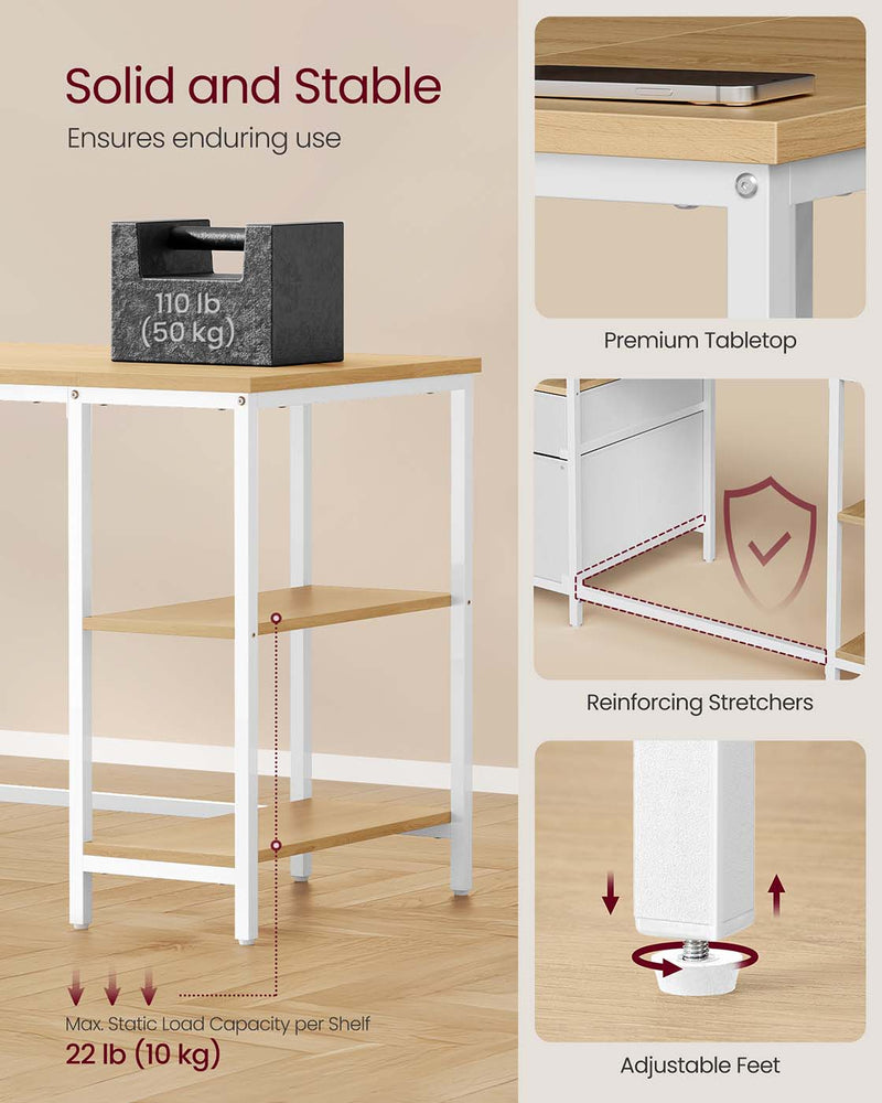 140x60cm Computer Desk with Open Shelves and 2 Drawers Natural Oak and Pearl White by Vasagle