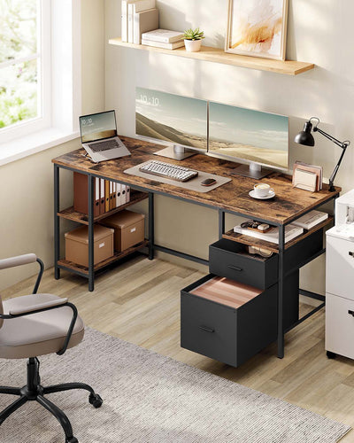 Rustic Brown Computer Desk with Storage Shelves and Drawers in Matte Black Finish by Vasagle