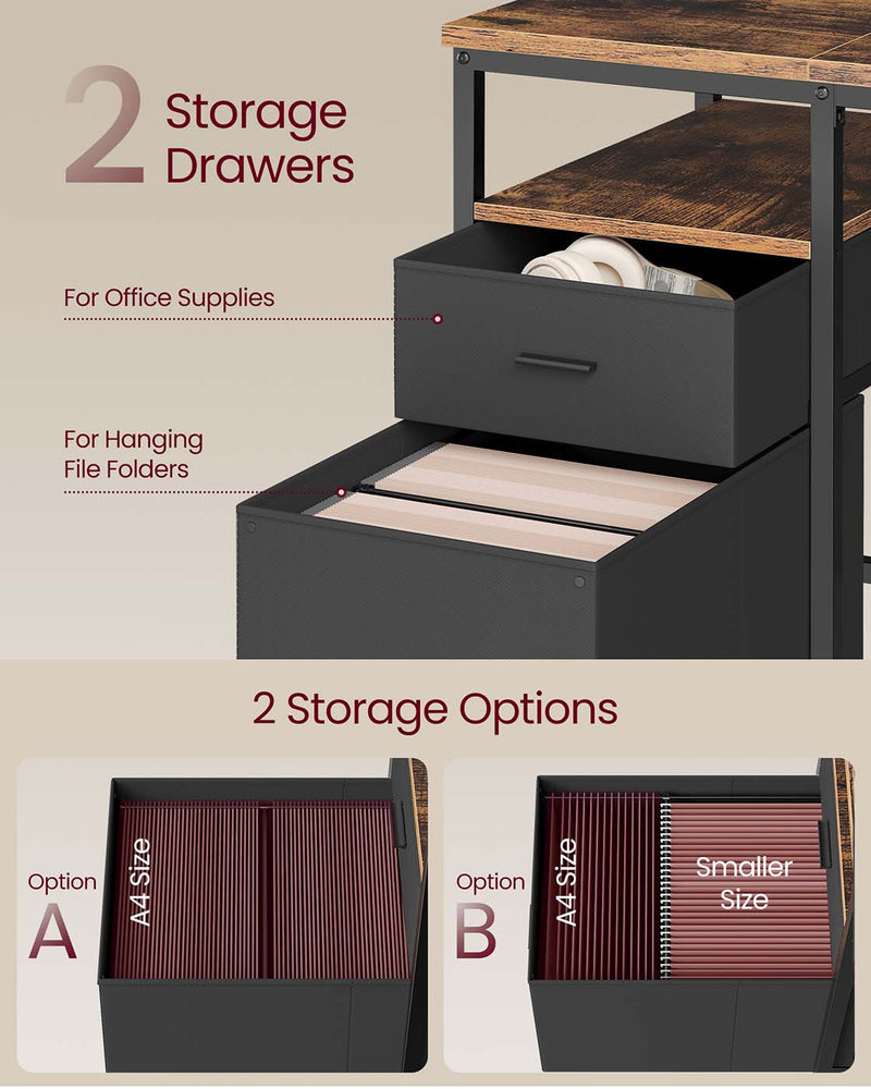 Rustic Brown Computer Desk with Storage Shelves and Drawers in Matte Black Finish by Vasagle