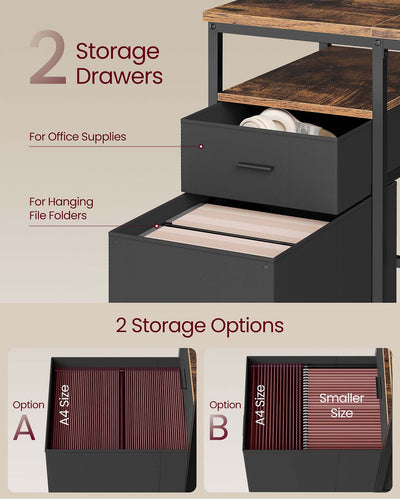 Rustic Brown Computer Desk with Storage Shelves and Drawers in Matte Black Finish by Vasagle