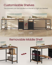 Rustic Brown Computer Desk with Storage Shelves and Drawers in Matte Black Finish by Vasagle