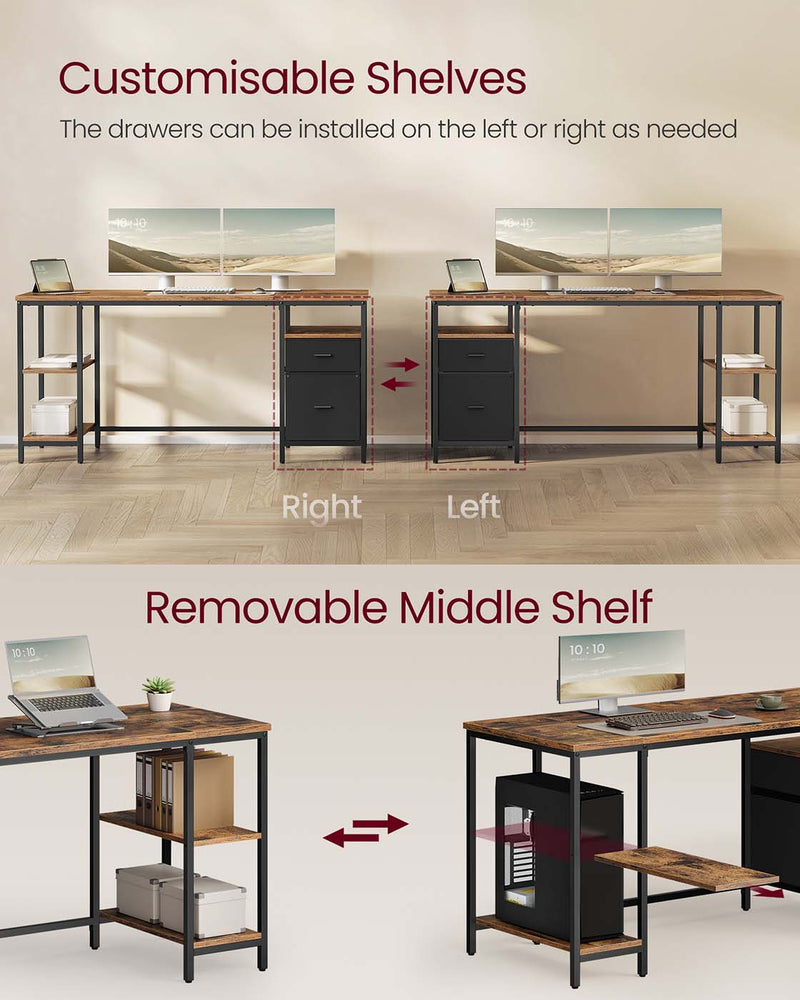 Rustic Brown Computer Desk with Storage Shelves and Drawers in Matte Black Finish by Vasagle