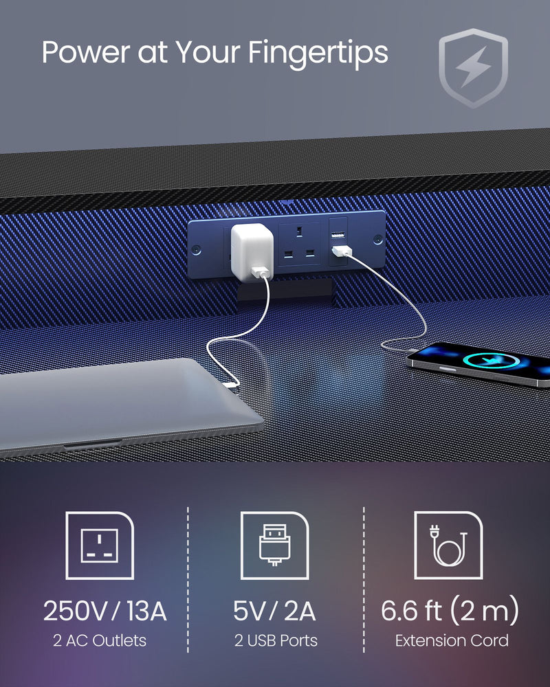Gaming Desk with LED Lights Built In Power Outlets and Large 135 cm Surface by Vasagle