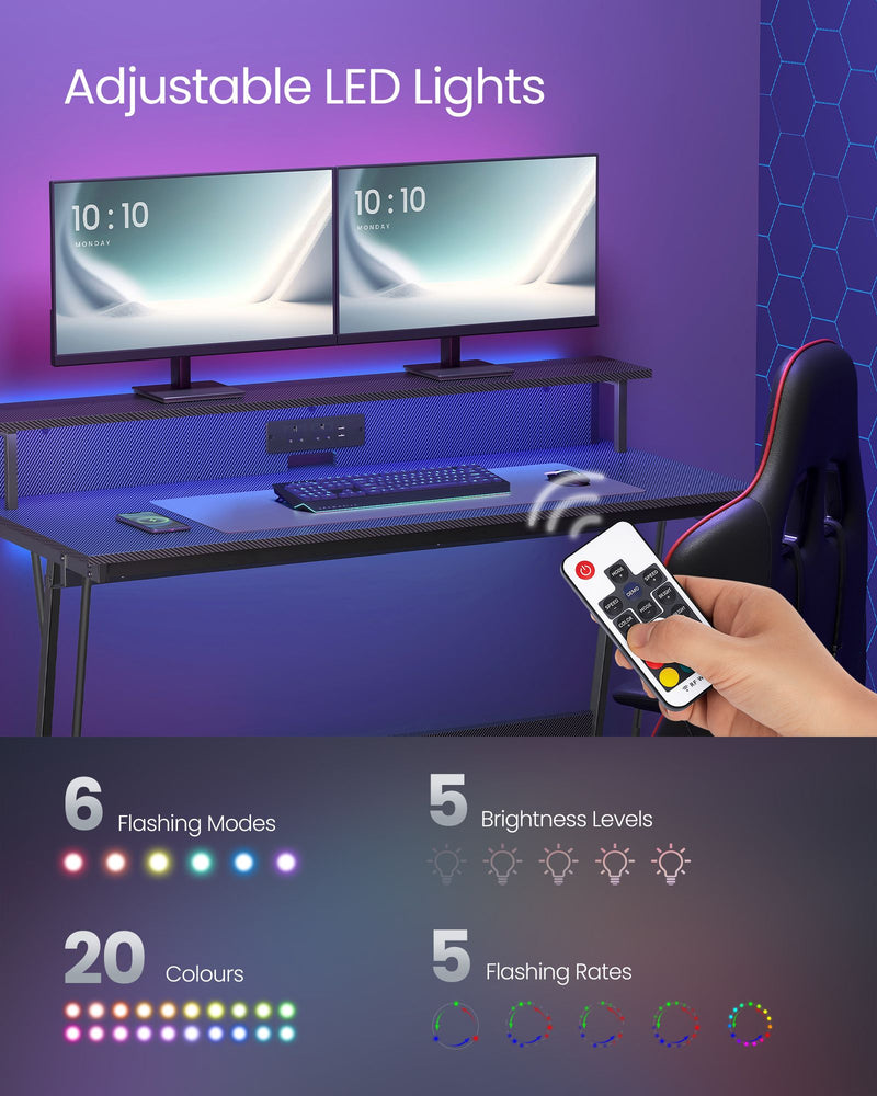 Gaming Desk with LED Lights Built In Power Outlets and Large 135 cm Surface by Vasagle