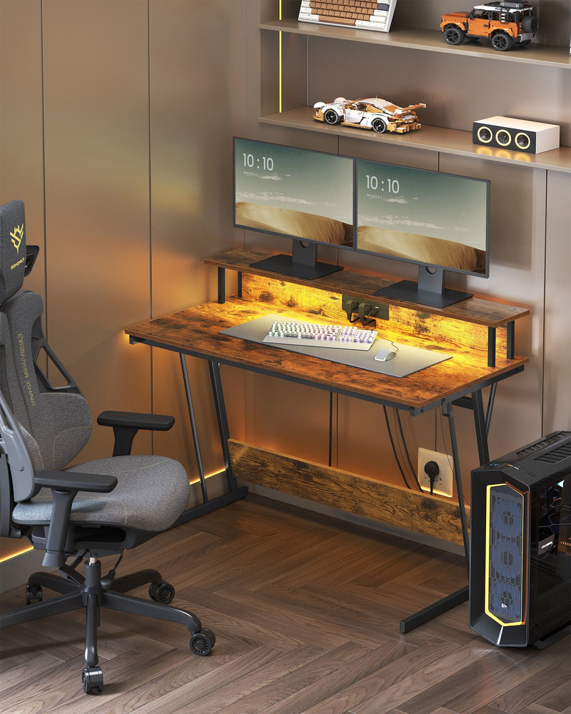 Rustic Brown Gaming Desk with LED Lights USB Ports and Power Outlets for Gamers by Vasagle