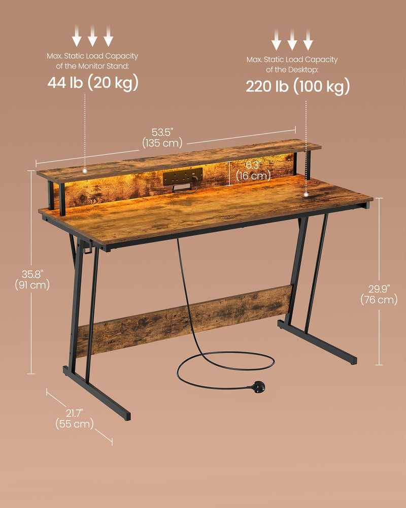 Rustic Brown Gaming Desk with LED Lights USB Ports and Power Outlets for Gamers by Vasagle