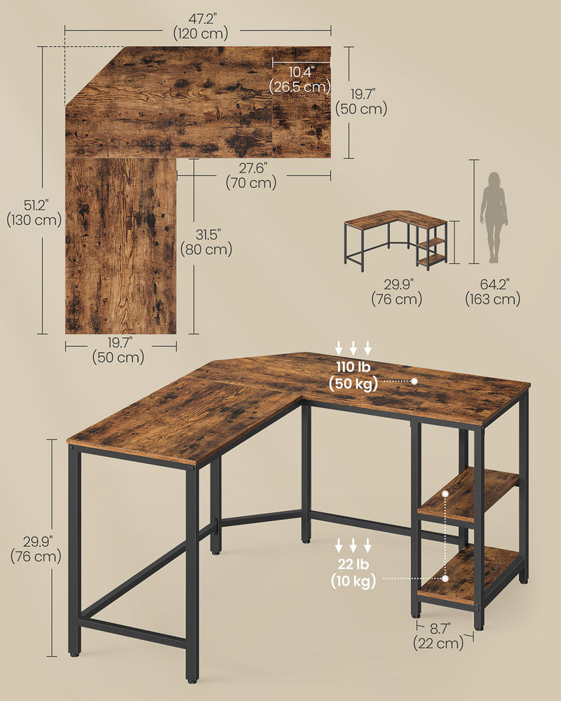 L Shaped Computer Desk Rustic Brown and Black with Spacious Worktop and Storage by Vasagle