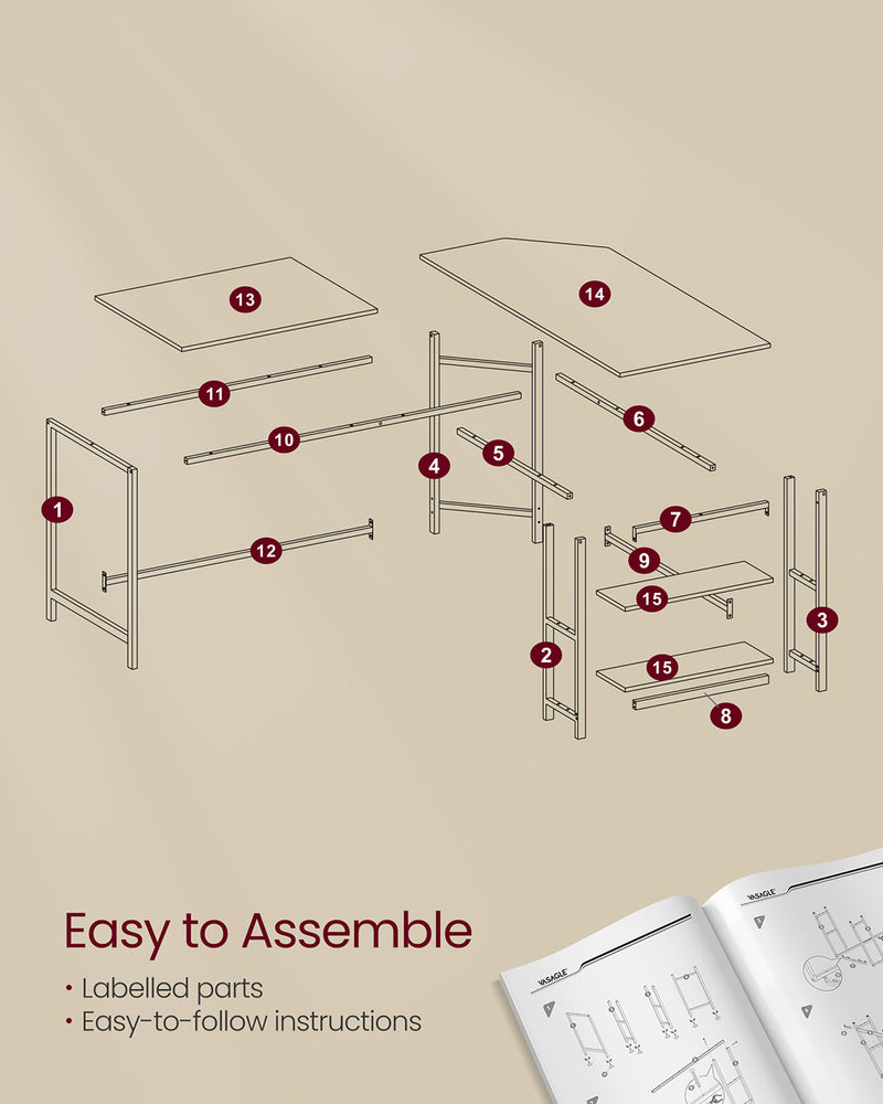 L Shaped Computer Desk Rustic Brown and Black with Spacious Worktop and Storage by Vasagle