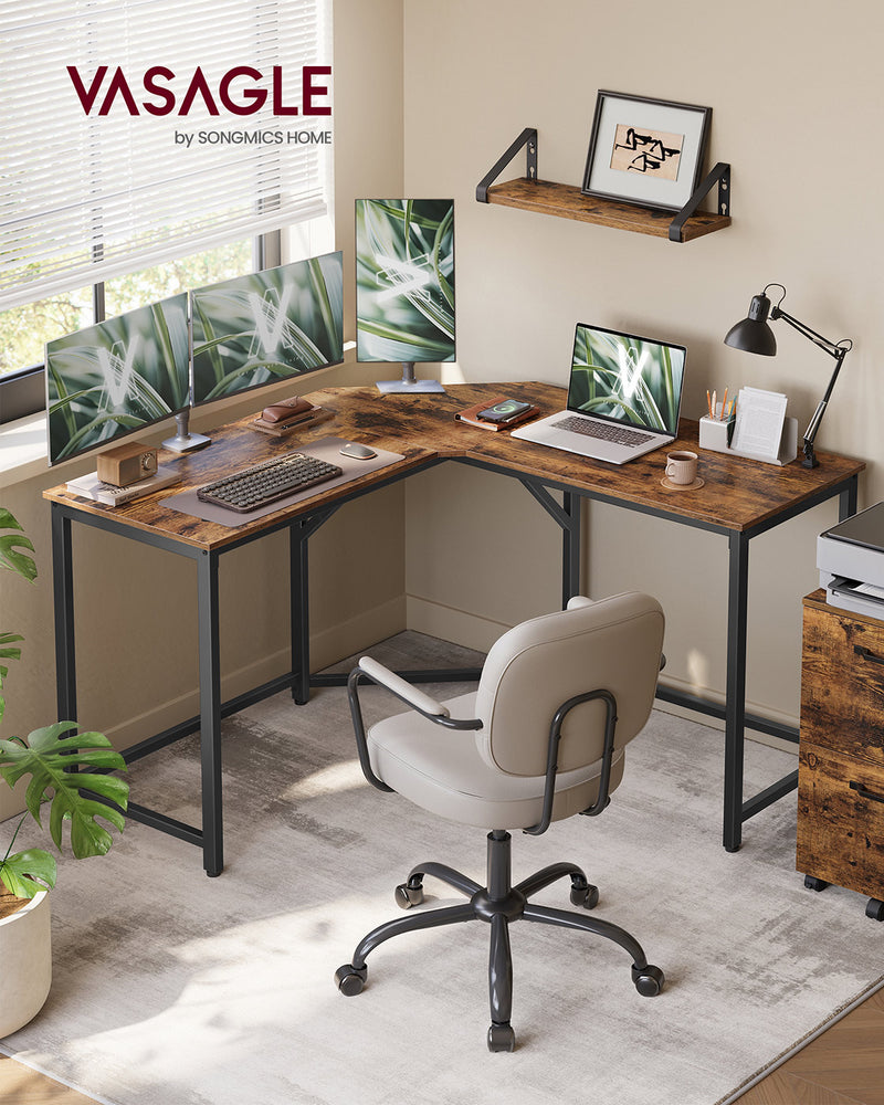 L-Shaped Rustic Brown and Ink Black Computer Desk 129cm with Space-Saving Design by Vasagle VASAGLE