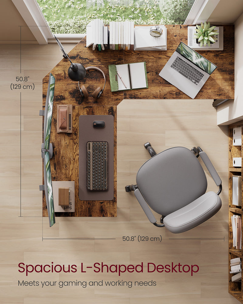 L-Shaped Rustic Brown and Ink Black Computer Desk 129cm with Space-Saving Design by Vasagle VASAGLE