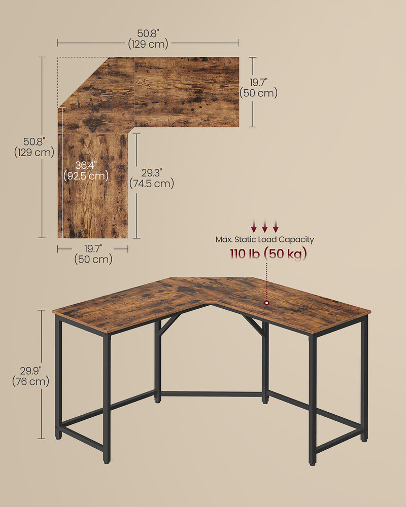 L-Shaped Rustic Brown and Ink Black Computer Desk 129cm with Space-Saving Design by Vasagle VASAGLE