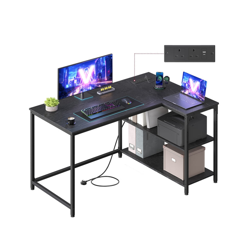 110x80cm Black L Shaped Corner Desk with Shelves, Power Outlets & USB Ports by Vasagle VASAGLE