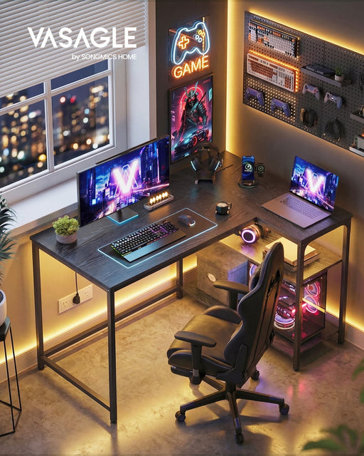 110x80cm Black L Shaped Corner Desk with Shelves, Power Outlets & USB Ports by Vasagle VASAGLE